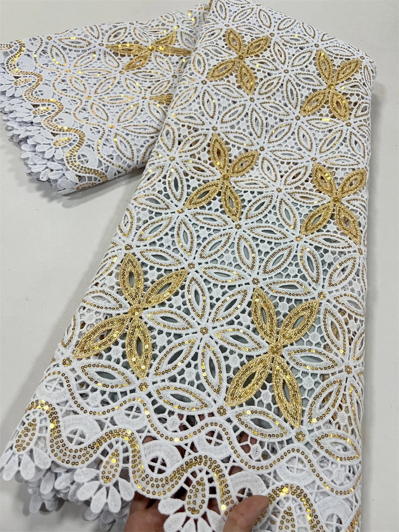 High Quality Nigerian Soluble Lace Golden Sequins Fabric