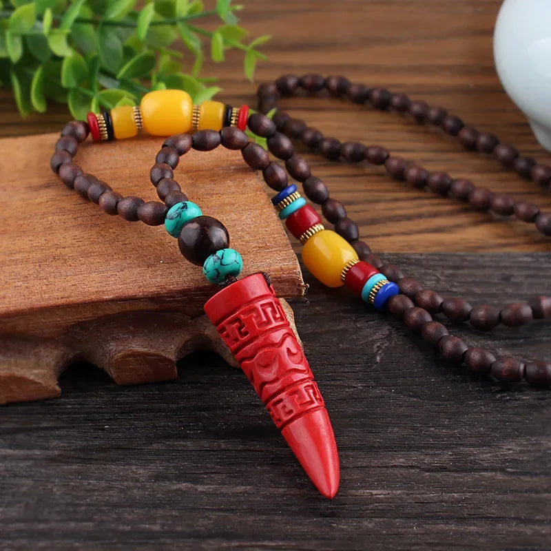 New Nepal Buddhist Mala Wood Beads Pendant & Necklace