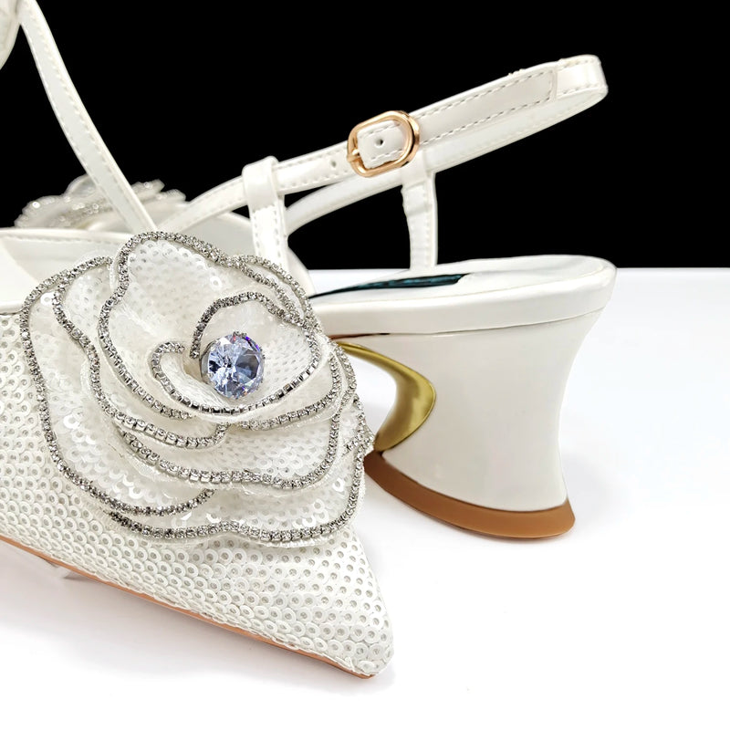 New Arrival Elegant Full of Rhinestone Flower Design Style Shoes and Bag Set