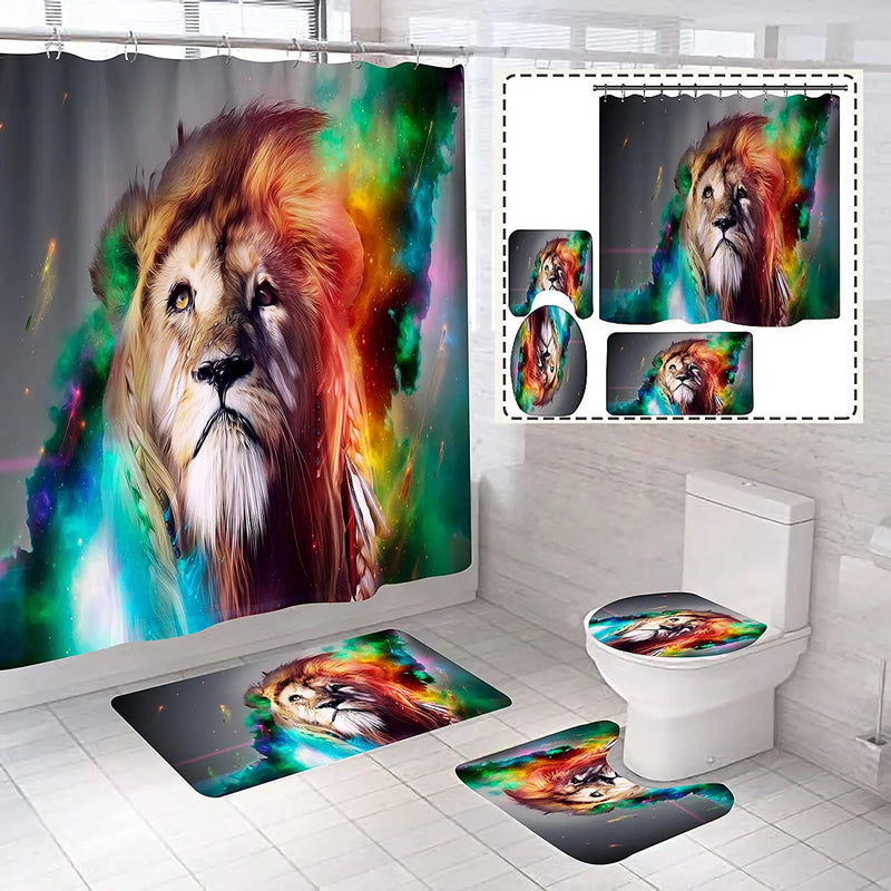 4 Piece Unique Colorful Funny King Leo African Lion Shower Curtains Set