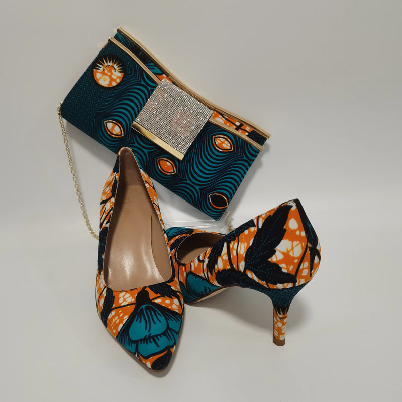 African Women Block Shoes With Match Bag