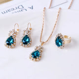 New Blue Cyrstal Ring Necklace Earrings Set