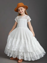 New Princess Girls Short Sleeve Lace Long Floor Dresses