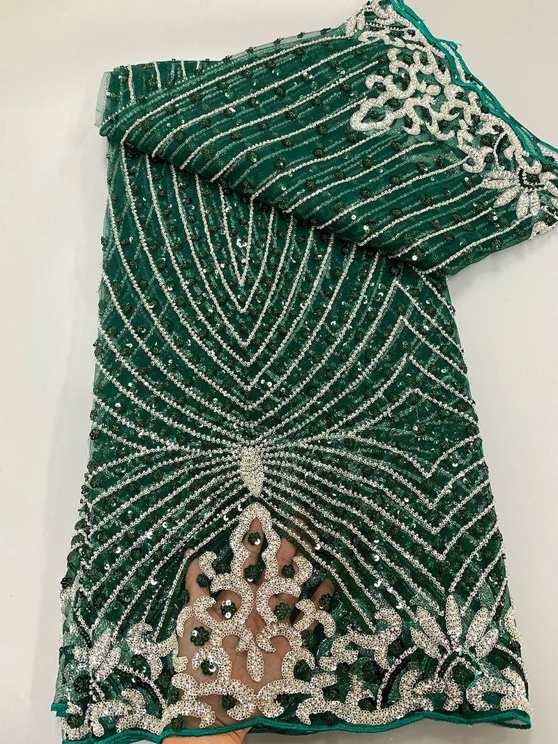 New Green African Luxury Beaded Mesh Lace Fabric