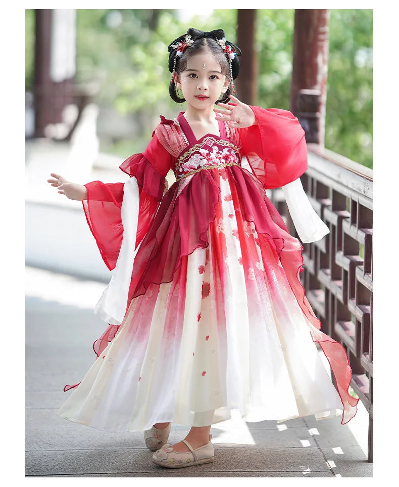 Chinese Vintage Style Girls Long Sleeve Red Hanfu Dress