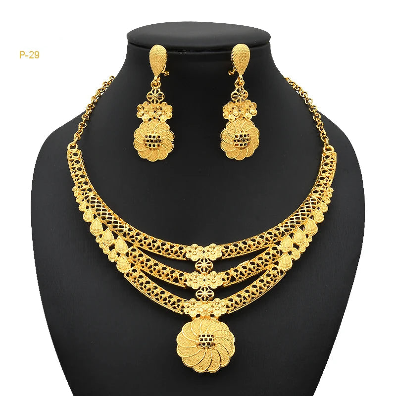 Africa Dubai Flowers Long Gold Plated Jewelry Sets