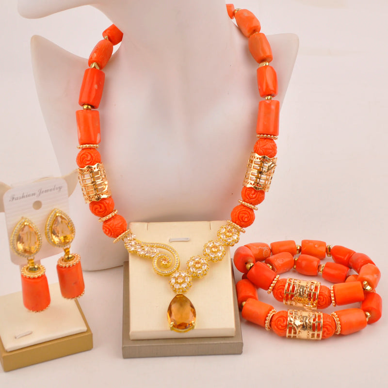 Original Orange Coral Beads Necklace Set