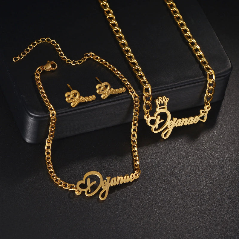 New Personalized Custom Name Necklace Bracelet Stud Earring Jewelry Set