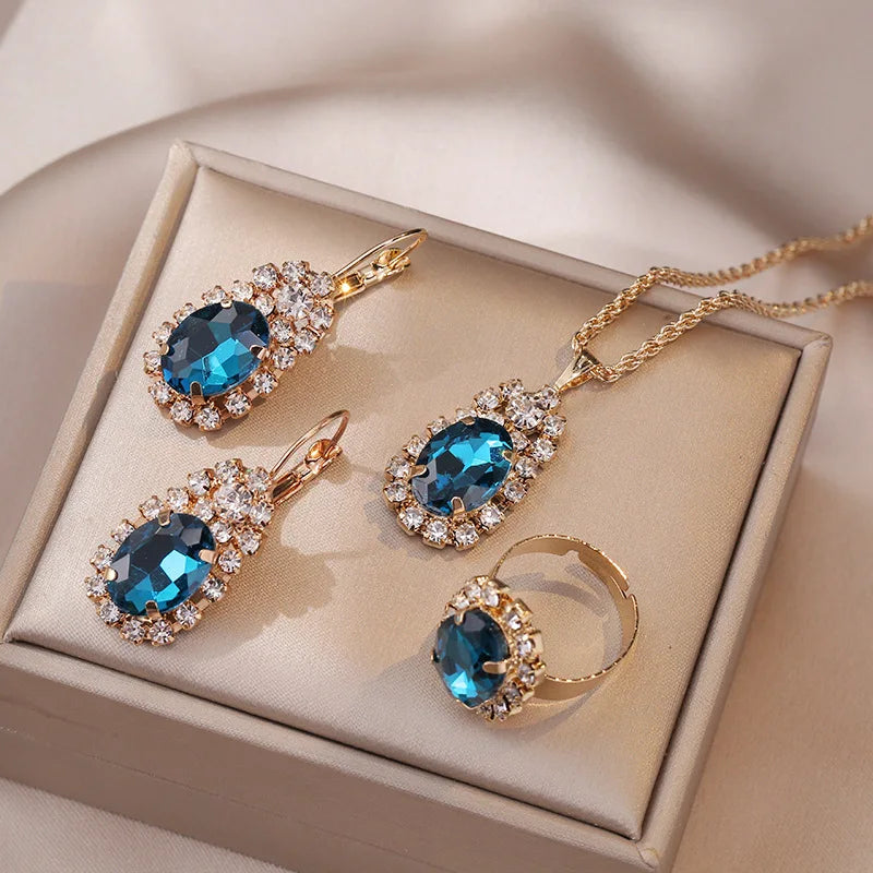 New Blue Cyrstal Ring Necklace Earrings Set