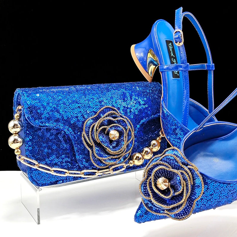 New Arrival Elegant Full of Rhinestone Flower Design Style Shoes and Bag Set