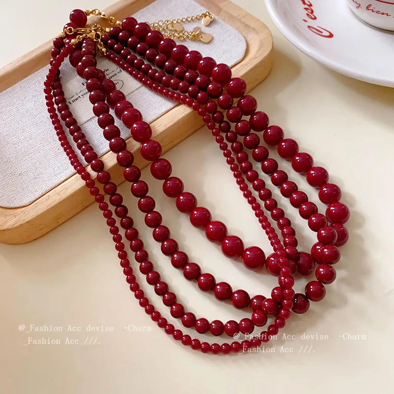 New Red Round Glass Bead Necklace