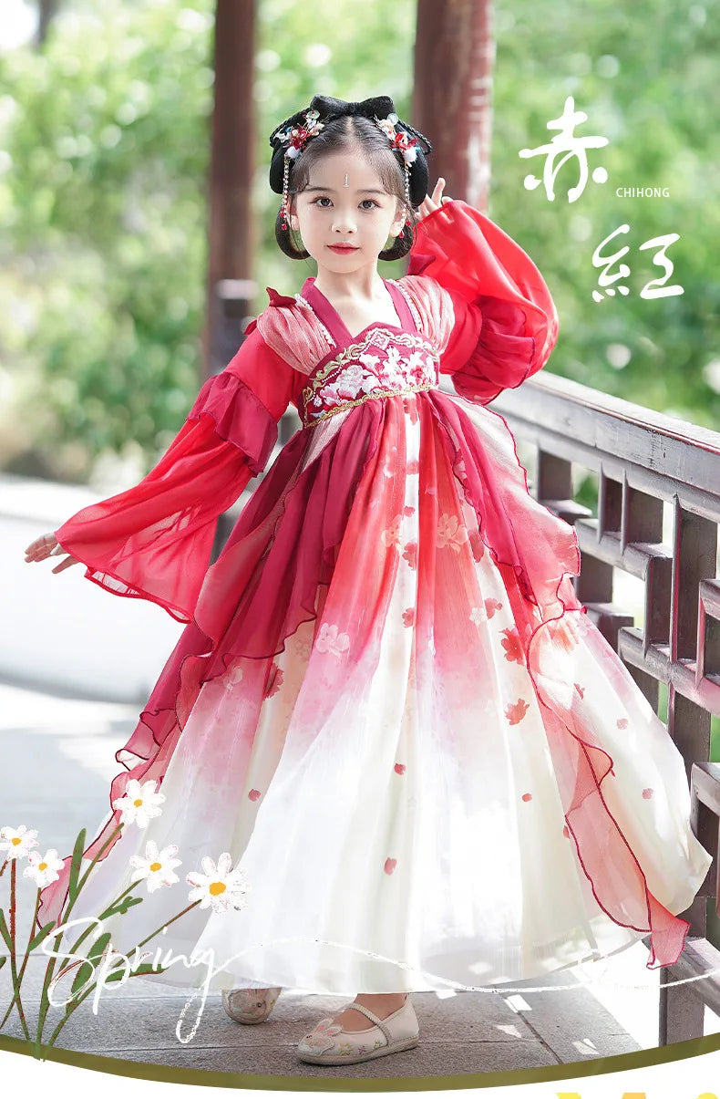 Chinese Vintage Style Girls Long Sleeve Red Hanfu Dress