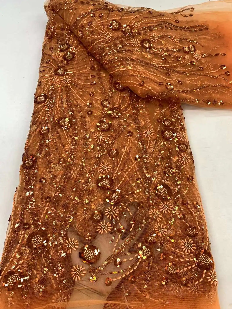 Latest French Orange 3D Beaded Tulle Lace Fabric