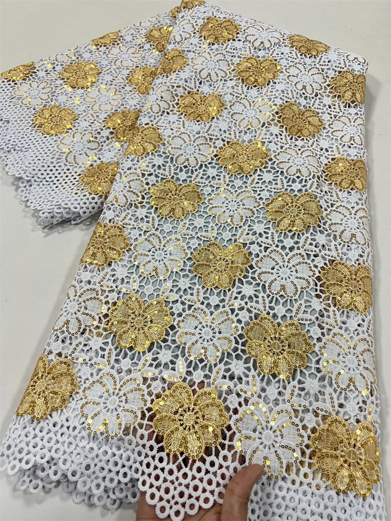 High Quality Nigerian Soluble Lace Golden Sequins Fabric