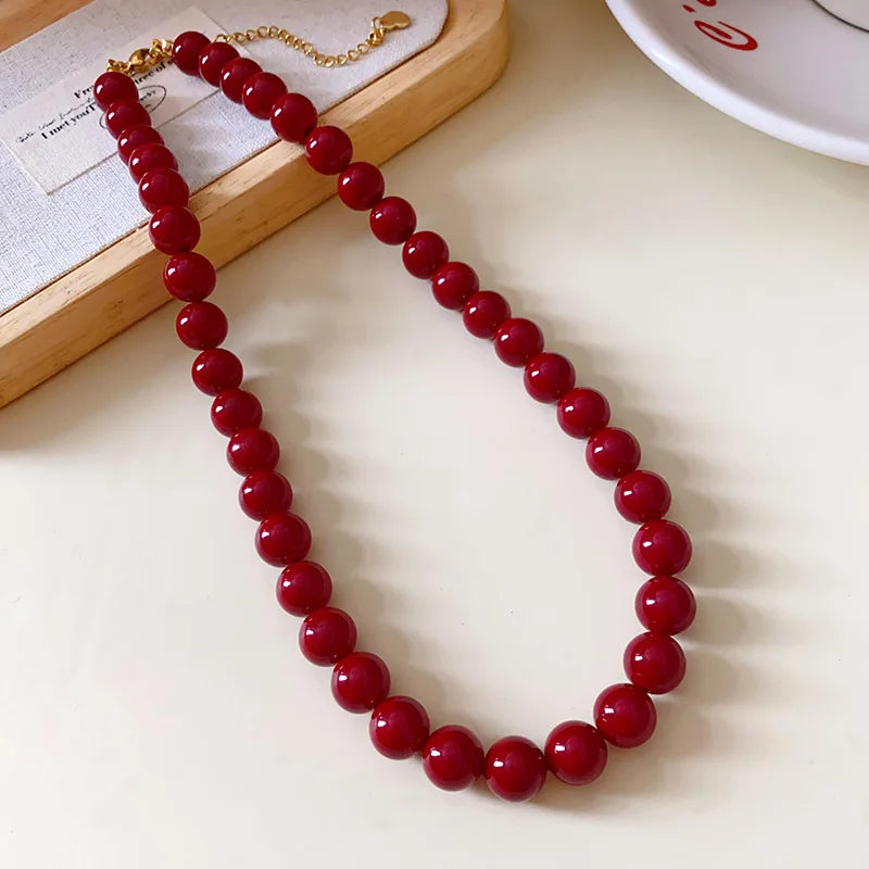 New Red Round Glass Bead Necklace