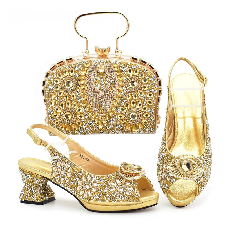 New Rhinestone Nigerian Women Shoes and Bag Set