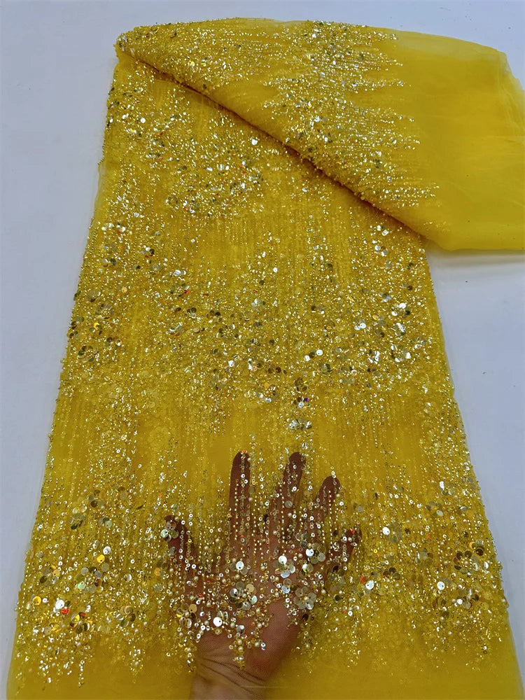 New Luxury Yellow Sequins Tube Beads Lace Fabric