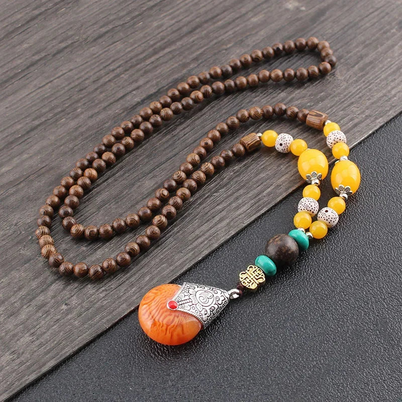 New Nepal Buddhist Mala Wood Beads Pendant & Necklace