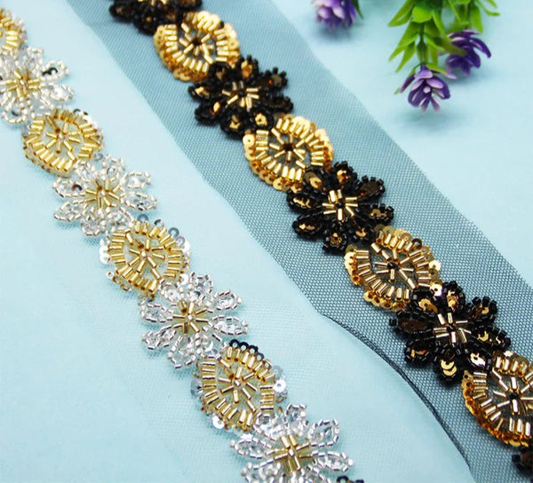 New Black Gold Glass Beaded Sequin Imitation Handmade Mesh Lace