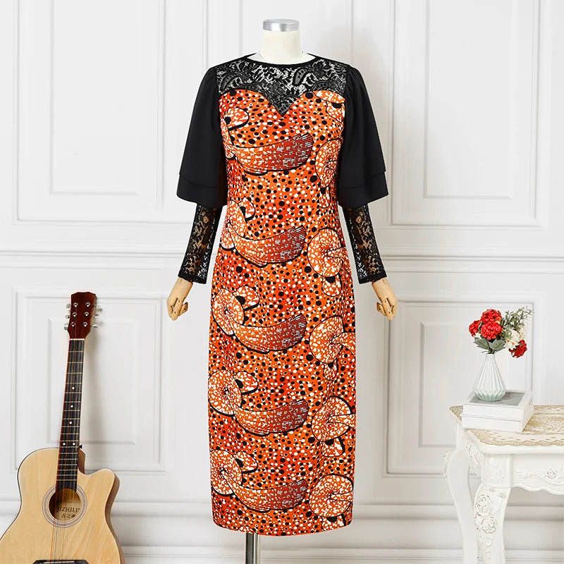 New Fashion Lace Patchwork Printed Long Sleeve Dress