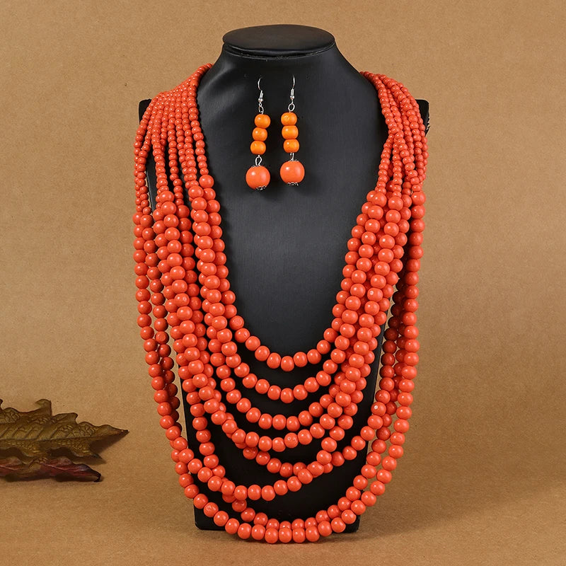 African Style Multi-Layer Wooden Bead Jewelry Set