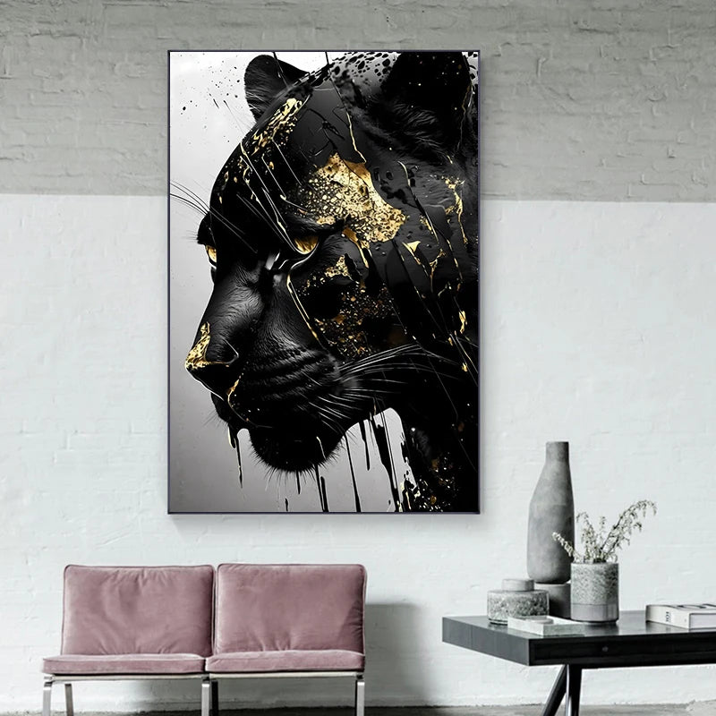 Golden Texture Canvas Painting Black and Gold Animal Posters