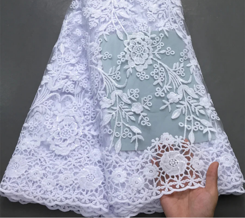 High Quality Nigerian White Mesh Embroidery Lace Fabric