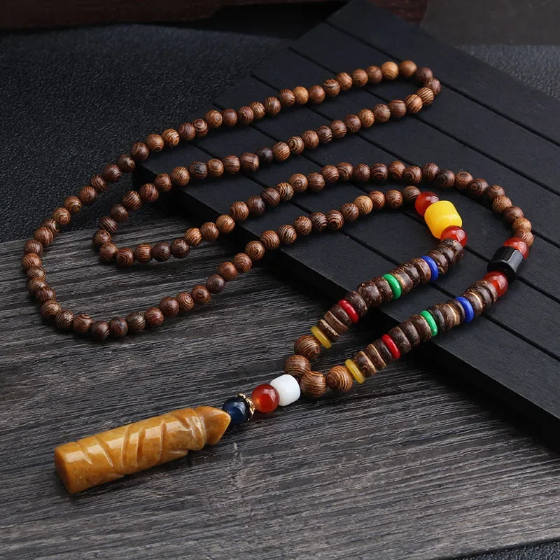 New Nepal Buddhist Mala Wood Beads Pendant & Necklace