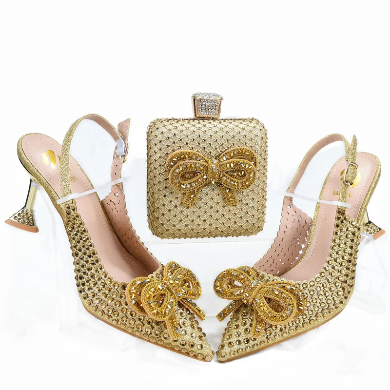 New beautiful Italian gold Shoes And Bag Sets