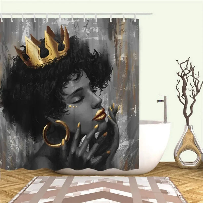 African Women Shower Curtain Black Girl with Gold Crown Art