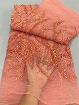 African Heavy Beads Tulle Lace Fabric