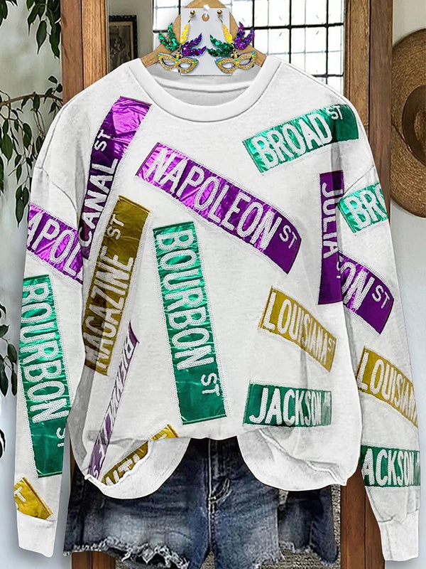 Mardi Gras White Metallic Nora Street Signs Print Sweatshirt