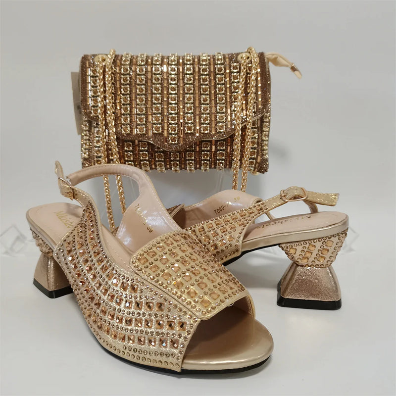 Women Crystal Design Sandal with Rhinestone Bag Set