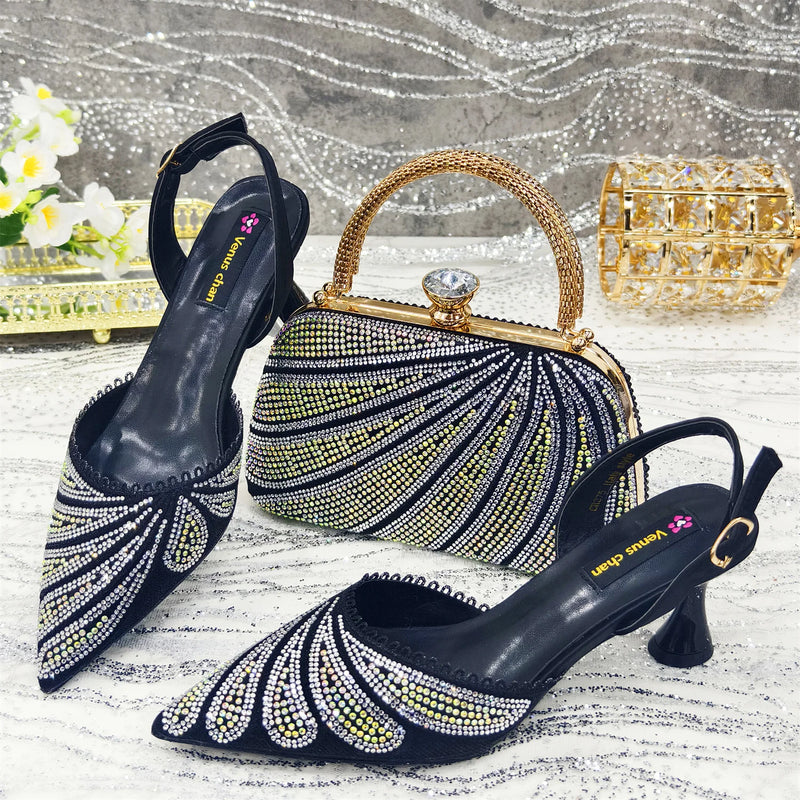 New Crystal Design Thin Heel Ladies Shoes Matching Bag Set