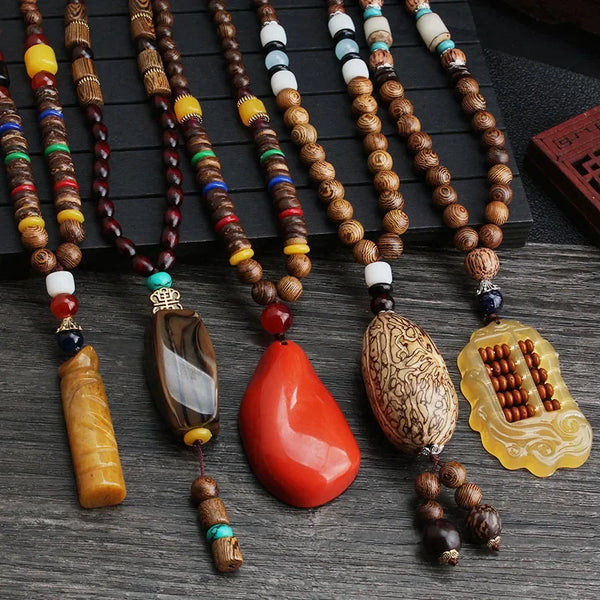 New Nepal Buddhist Mala Wood Beads Pendant & Necklace