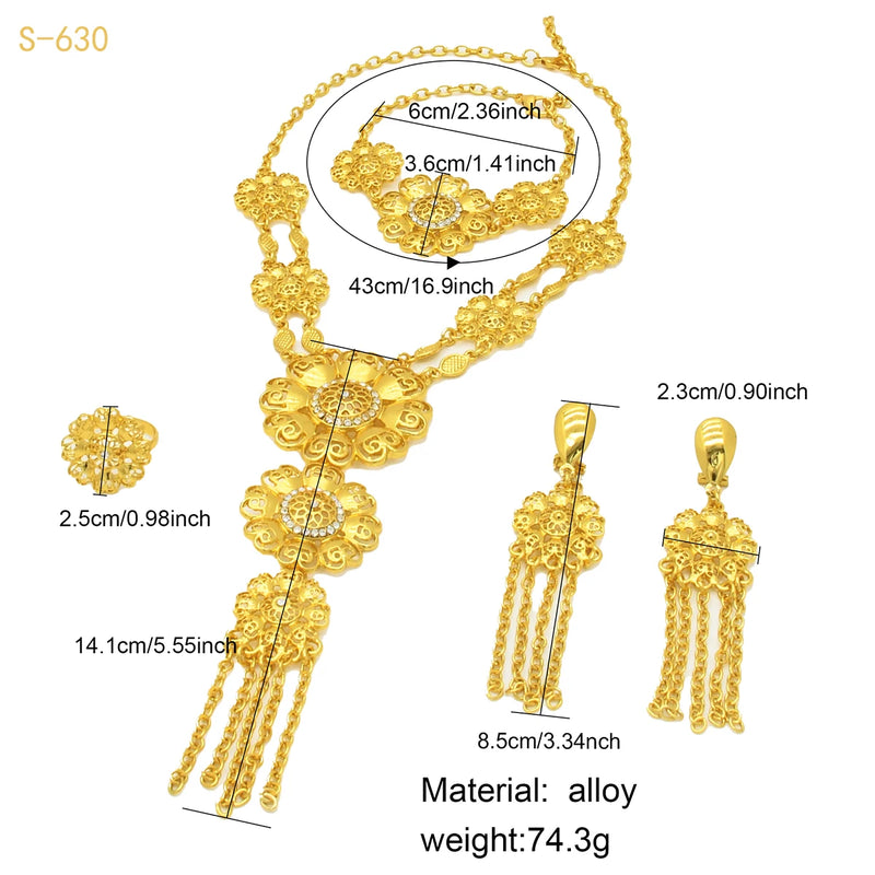 Africa Dubai Flowers Long Gold Plated Jewelry Sets