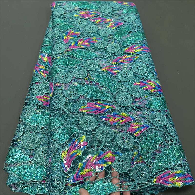 African Nigerian Sequins Cotton Embroidery organza Lace Fabric