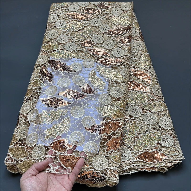 African Nigerian Sequins Cotton Embroidery organza Lace Fabric