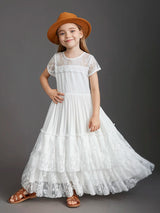 New Princess Girls Short Sleeve Lace Long Floor Dresses