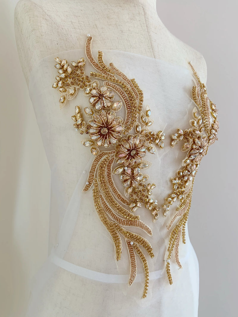 New Luxury French Bead Applique in Champagne Gold Clothing