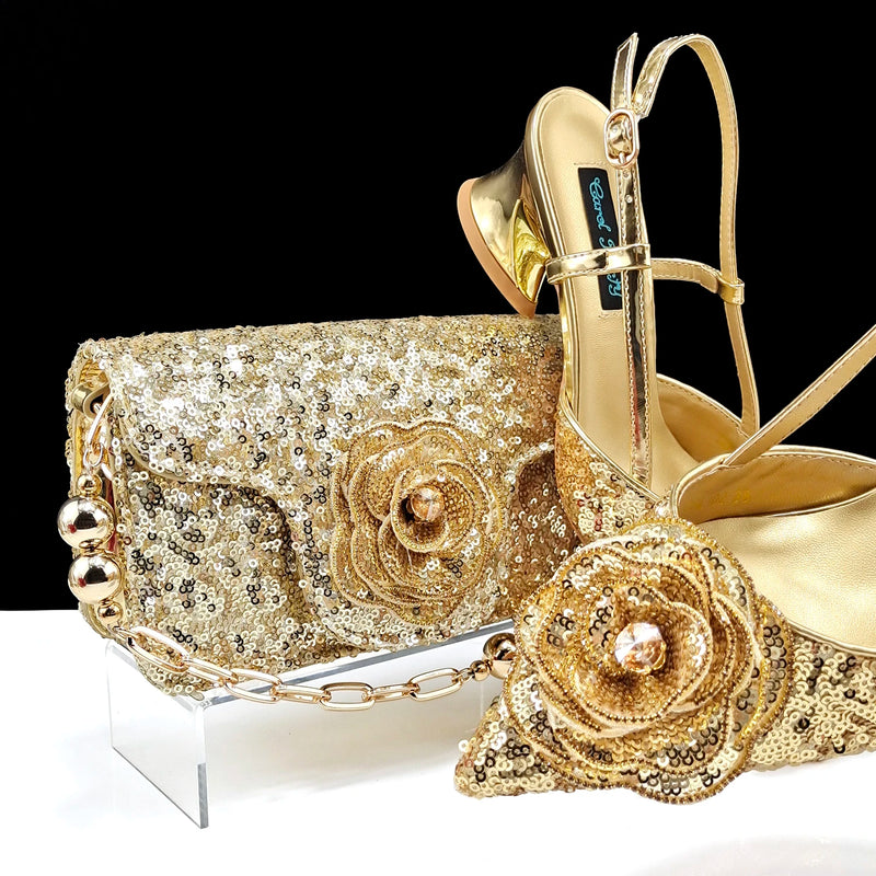 Shiny Gold Color Elegant Handbags and Medium Shoes