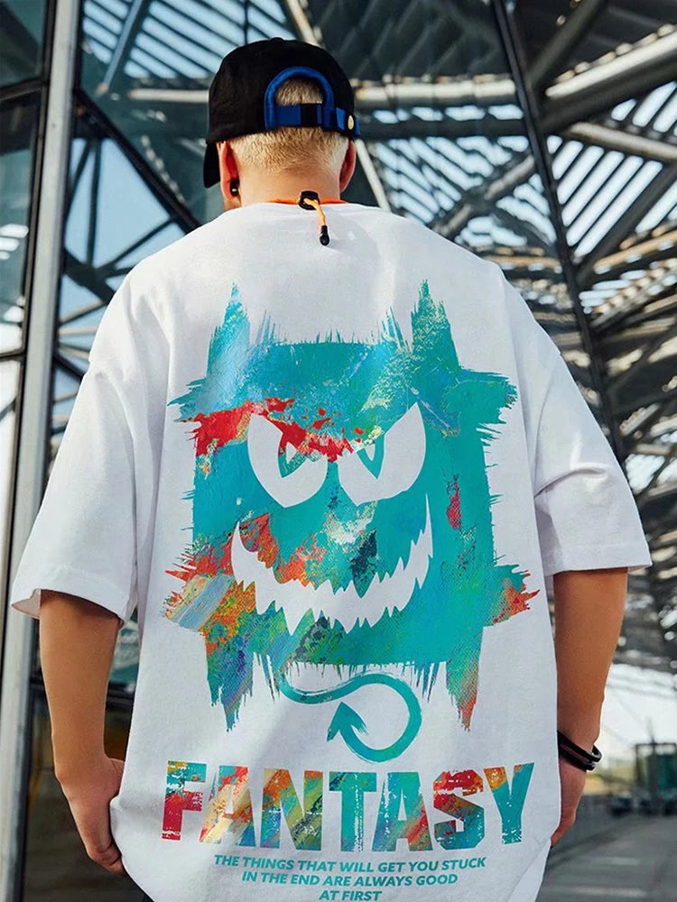 Harajuku Devil Graffiti Print Oversized Tee Shirts