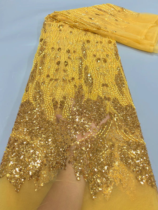 New Luxury Golden African Beads Sequins Tulle Lace Fabric