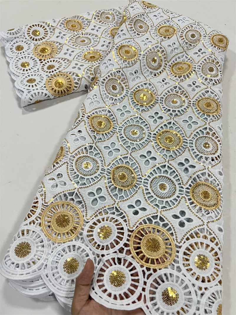 High Quality Nigerian Soluble Lace Golden Sequins Fabric