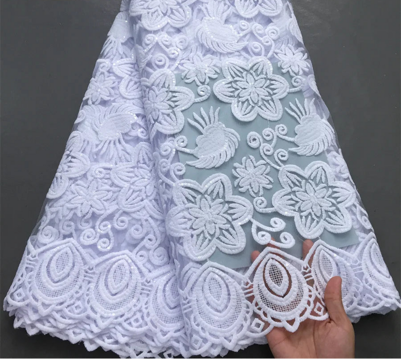 High Quality Nigerian White Mesh Embroidery Lace Fabric