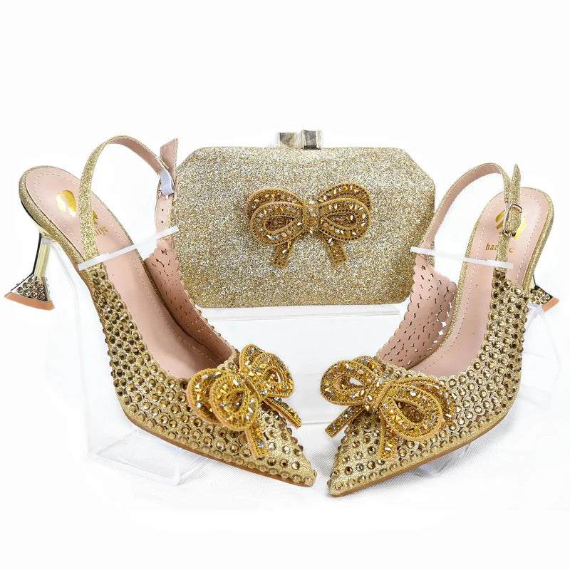 New beautiful Italian gold Shoes And Bag Sets