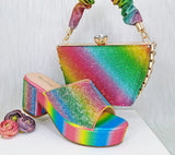 Italian Design Rainbow Colored Rhinestone Striped Shoes Bag Set