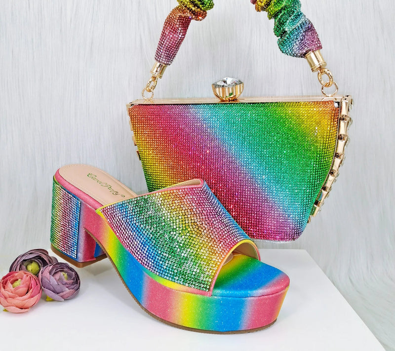 Italian Design Rainbow Colored Rhinestone Striped Shoes Bag Set