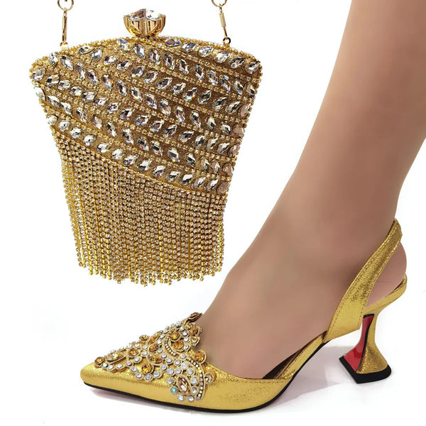 New Gold Woman Shoes And Bag Set