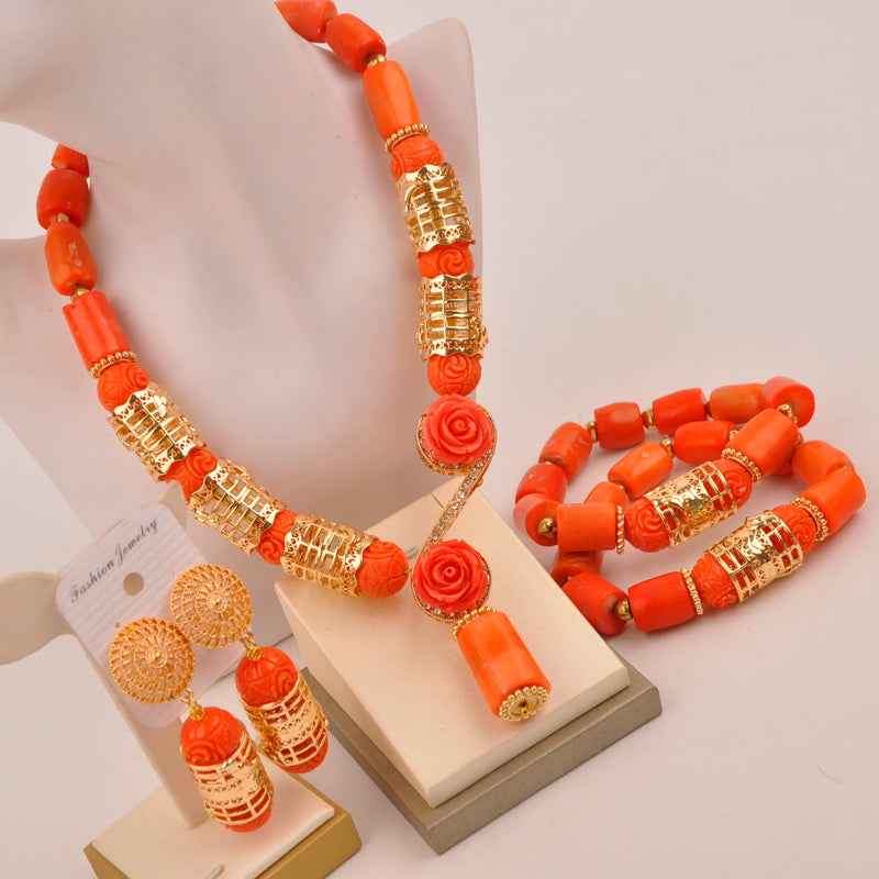 Original Orange Coral Beads Necklace Set